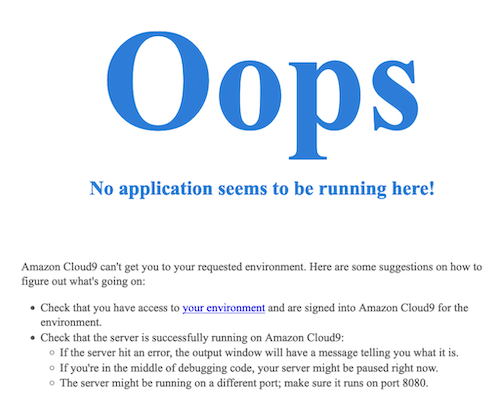 screenshot from Cloud9 IDE showing an Oops error message.