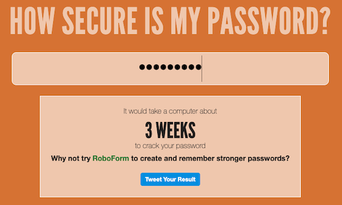 screenshot from howsecureismypassword.net showing password strength